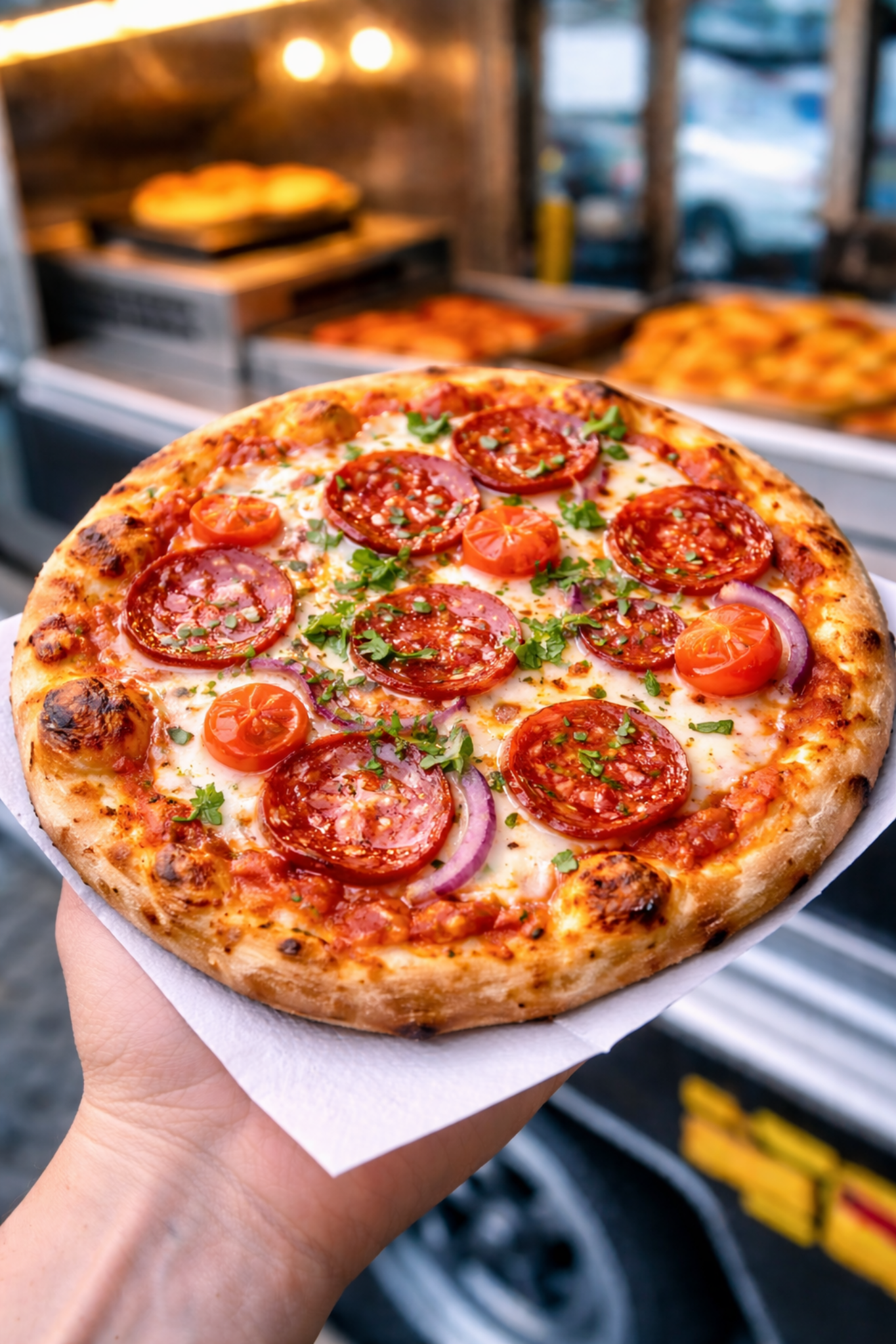 Pizza mit Salami und Tomaten
