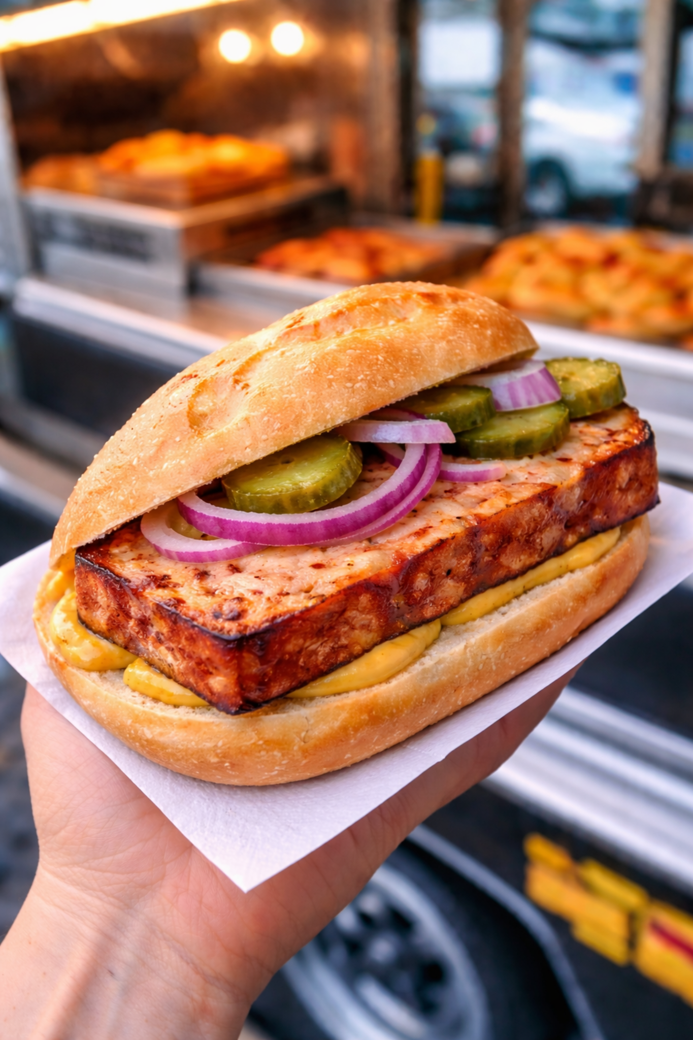 Leberkäse-Brötchen mit Gurken und Zwiebeln